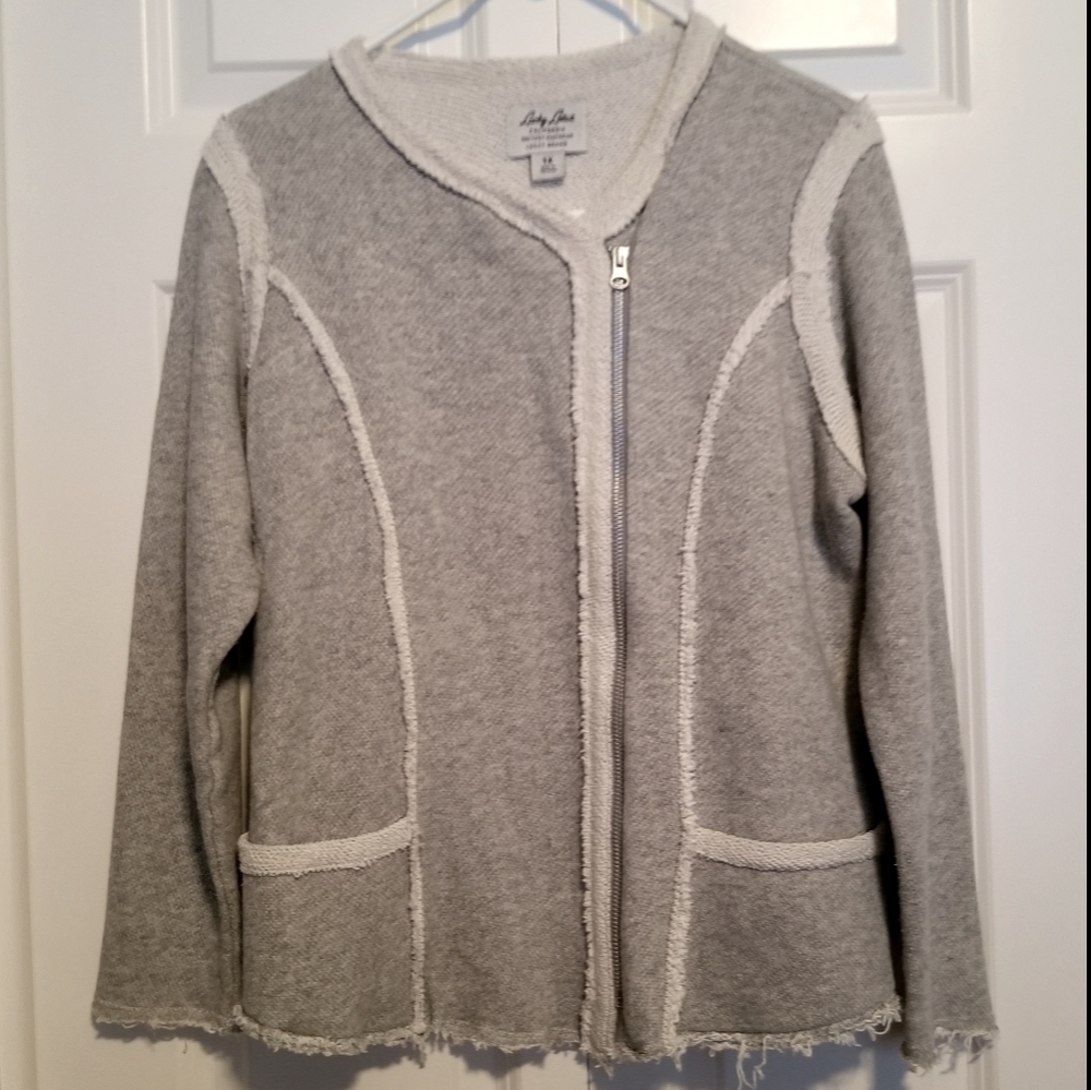 Lucky Lotus gray full zip BOHO cardigan raw hem 1X